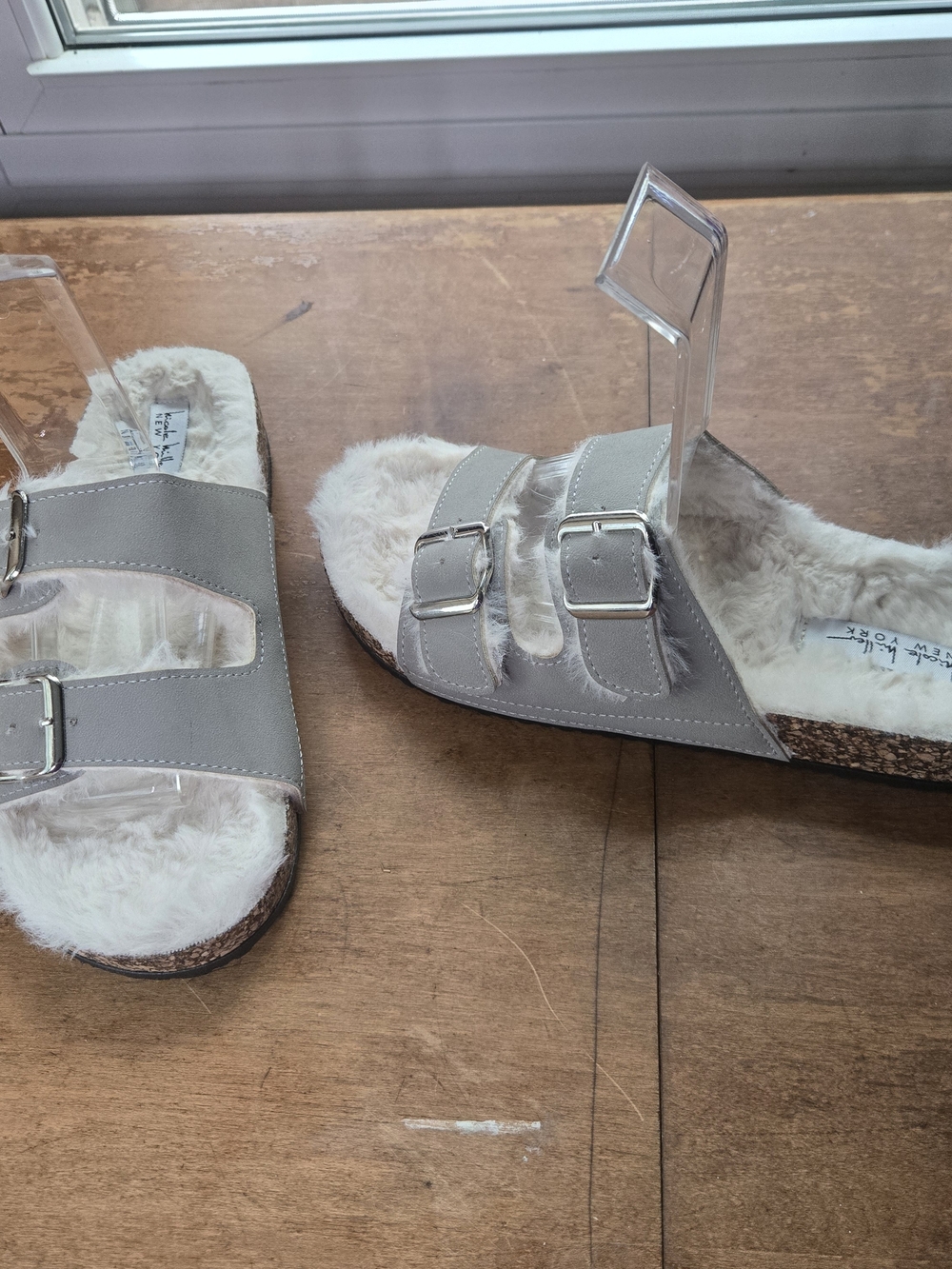 Nicole Miller Womens Gray Two Strap Faux Shearling Cork Slides Sz 8